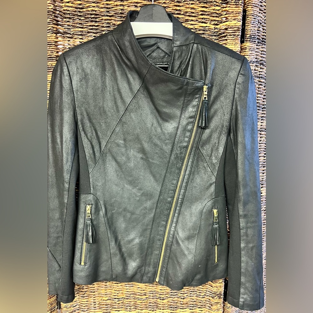 Via Spiga Black Leather Moto Jacket-Leather, Size: Small